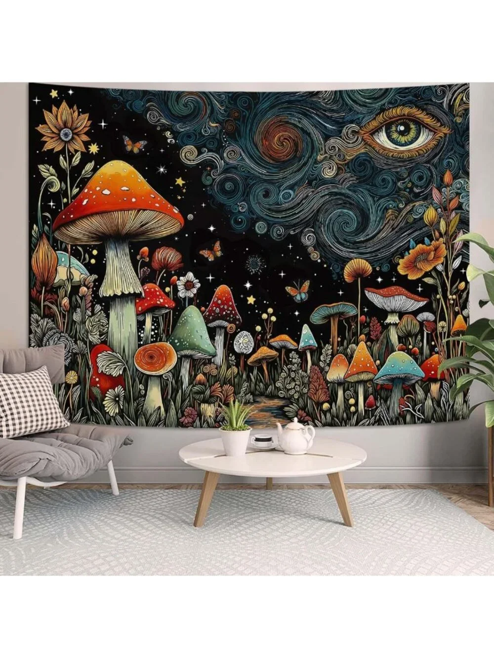 Large Hippie Mushroom Forest Tapestry - Abstract Aesthetic Wall Art for Bedroom